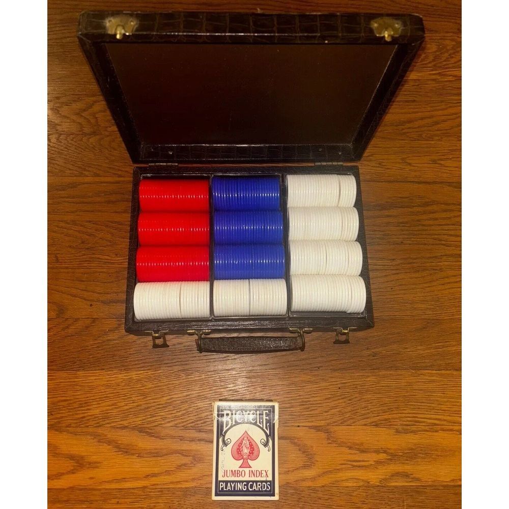 Vintage Poker Chip Set Alligator Case‎ Bicycle Playing Card Deck USA Made